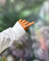 Hand wearing a rose golden ring with a morganite gemstone pointing towards a blurred natural background